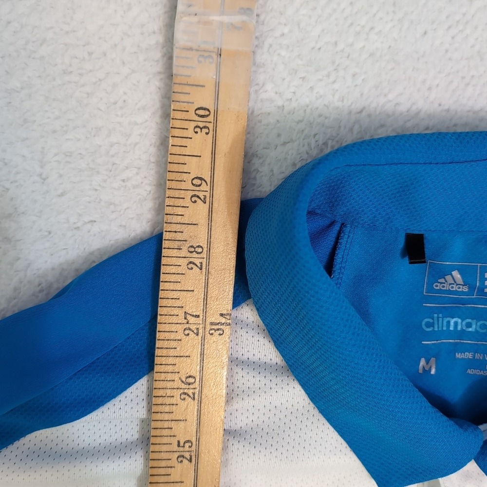 Adidas Polo Mens M White Blue Colorblock Stripe S/S 5% Spandex The First Tee - Picture 5 of 8